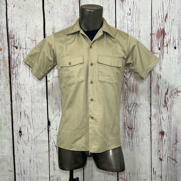 DICKIES MEN’s khaki work wear Button Down Shirt Short Sleeve Medium euc Vintage - Picture 4 of 11